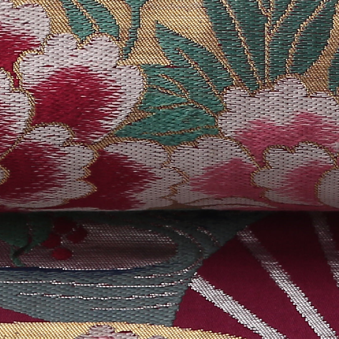 アンティーク 九寸名古屋帯 Aランク 帯丈342cm 正絹 六通 名古屋仕立て 織り 花扇 紫系 M4 1245-02735
