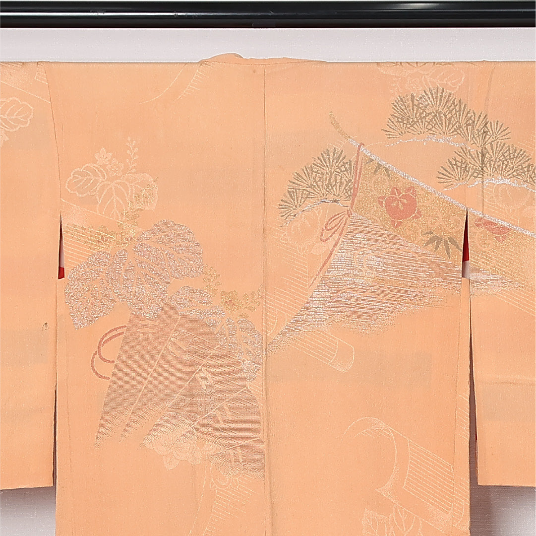アンティーク 絵羽羽織 (錦紗) 袷 身丈96cm 裄丈63cm 正絹 Cランク Sサイズ 漆糸 扇 御簾 朱系 M4 1234-12549
