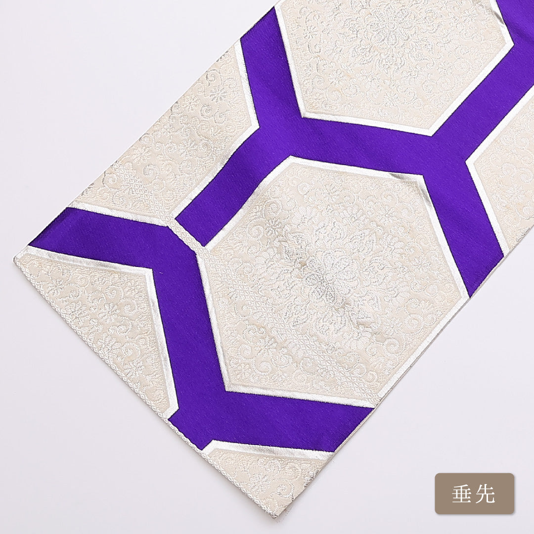 モダン 袋帯 帯丈420cm 六通 宝相華 亀甲 銀系 フォーマル 白系 正絹 Cランク 1223-00871