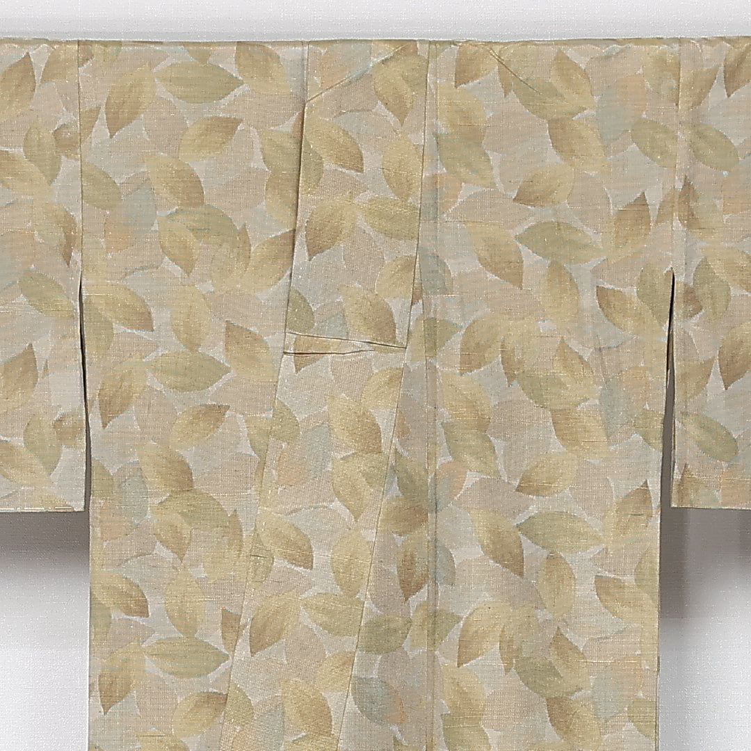 紬 単衣 身丈161cm 裄丈66cm 正絹 Sランク カジュアル 広衿 Lサイズ 植物柄 黄系 RP 1223-12170
