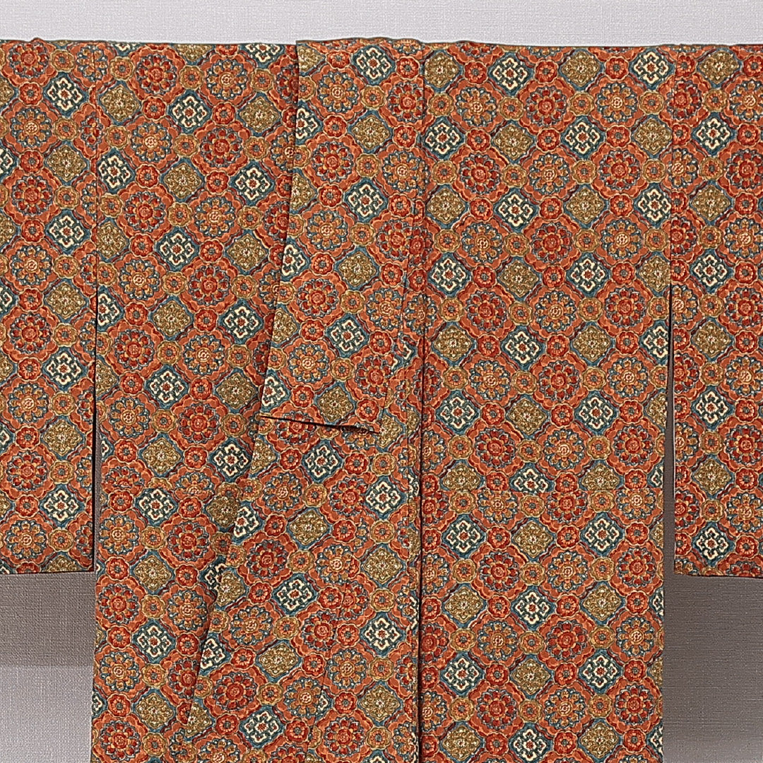 小紋 袷 身丈159cm 裄丈66cm 正絹 Aランク インフォーマル 広衿 Mサイズ 唐華 茶系 RP 1221-15620