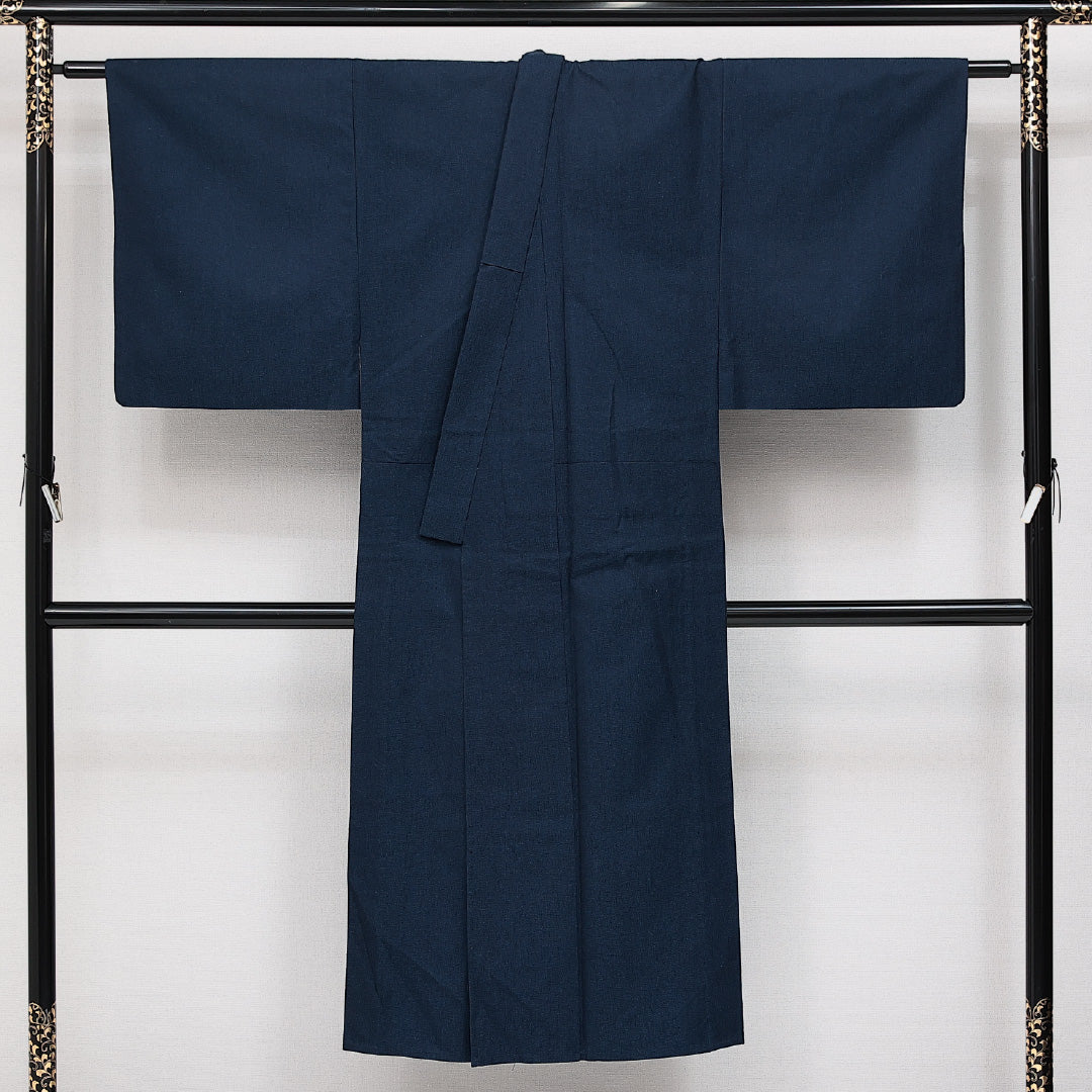 アンサンブル 洗える着物 ウールの男着物 単衣 身丈146cm 裄丈66cm ウール Aランク カジュアル 棒衿 Lサイズ 無地 紺系 RP 1224-14581
