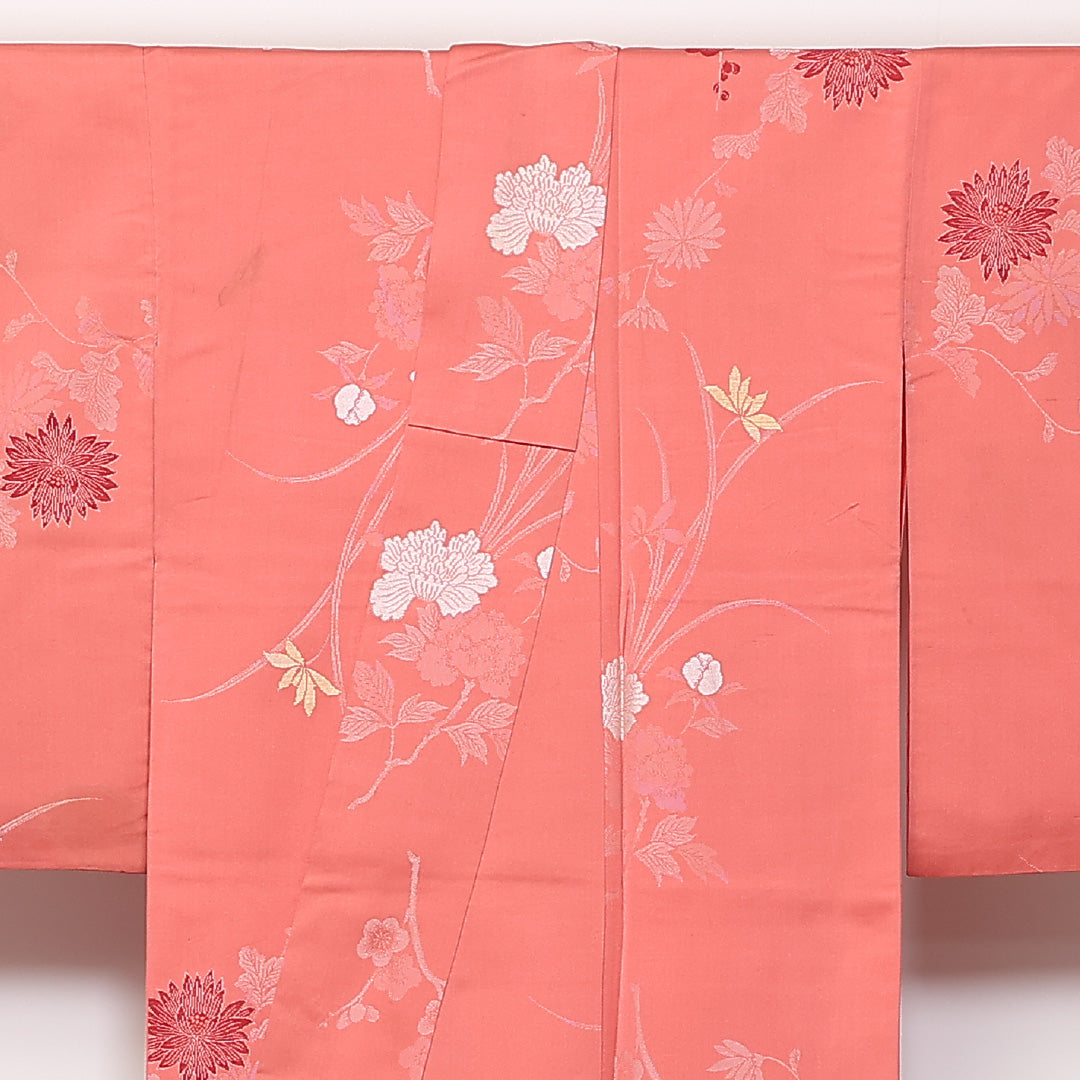 アンティーク 袷 身丈152cm 裄62cm 正絹 お召 梅 菊 ピンク系 Cランク 1216-01350