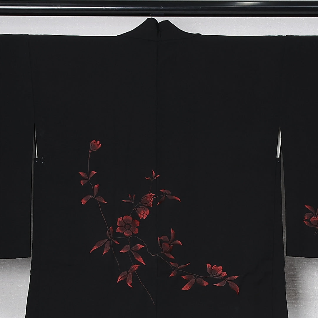 黒羽織 袷 身丈78cm 裄丈63cm 正絹 Aランク インフォーマル Sサイズ 刺繍 紐あり 木瓜 黒系 RP 1233-12594