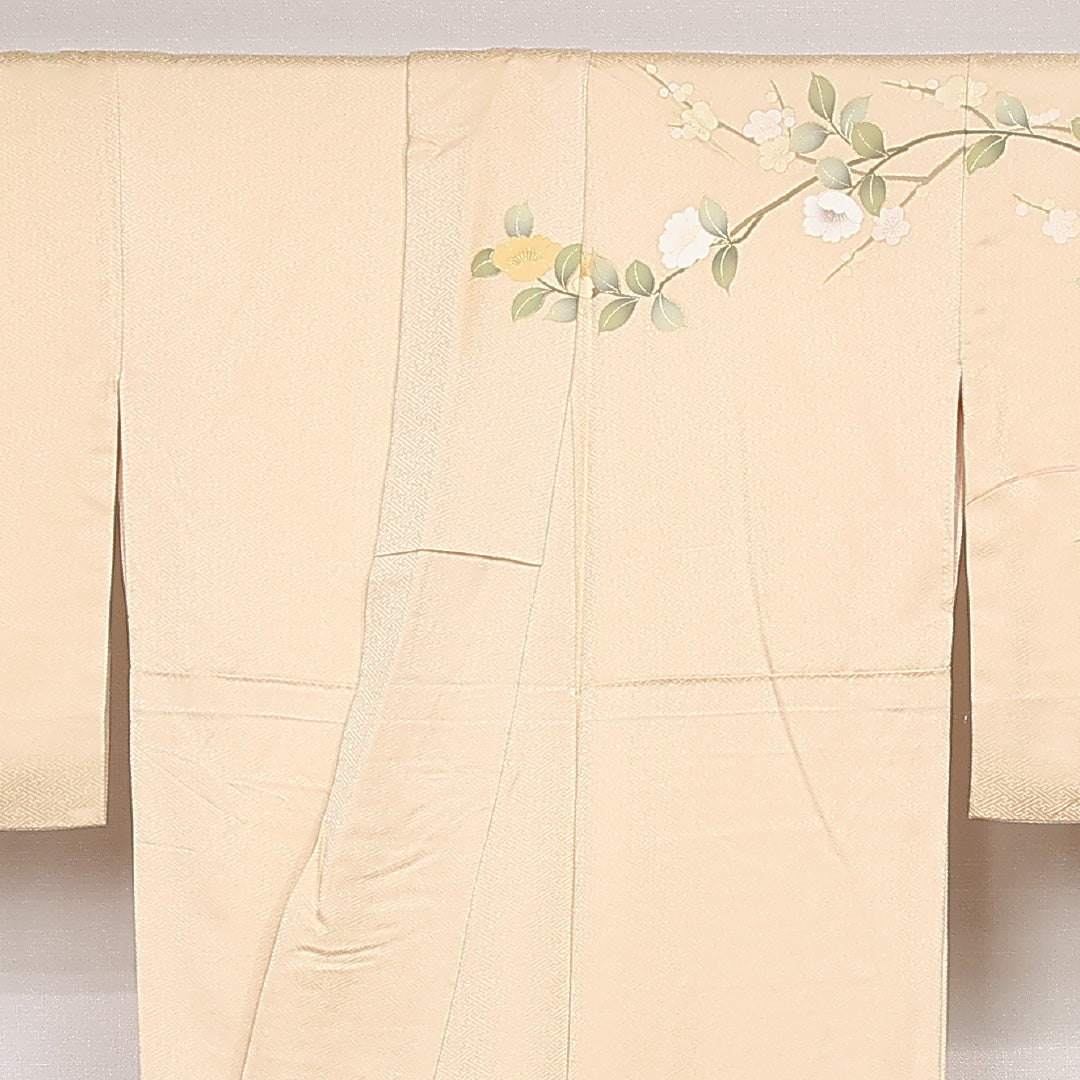 訪問着 袷 身丈169cm 裄丈63cm Sランク 正絹 XLサイズ セミフォーマル 蘇州刺繍 汕頭刺繍 吉祥文様 花柄 クリーム系 金系 上品 華やか 1212-13208