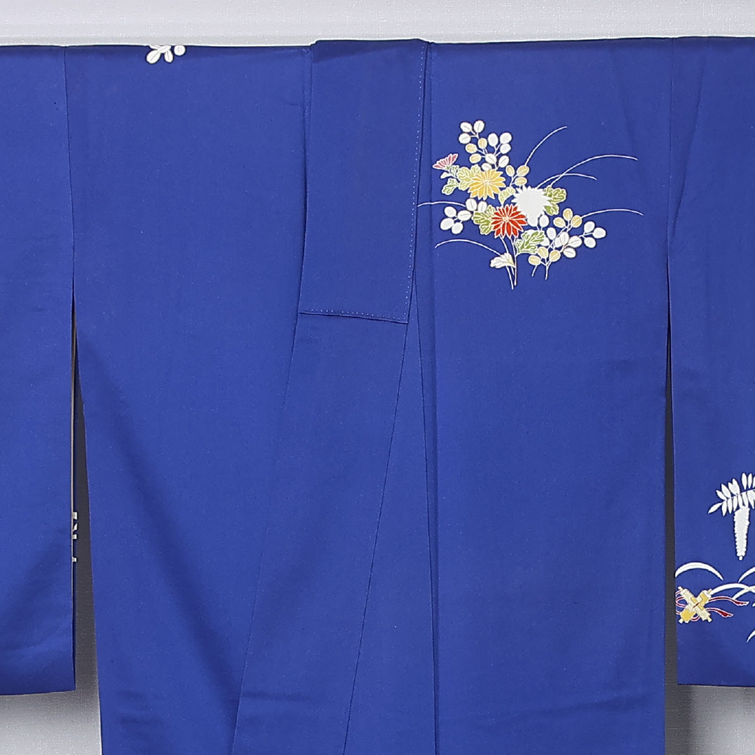 小振袖 身丈168cm 裄丈65cm Aランク 袷 正絹 M 広衿 吉祥文様 古典柄 菊 藤 桔梗 花柄 萩 青系 1213-F0444