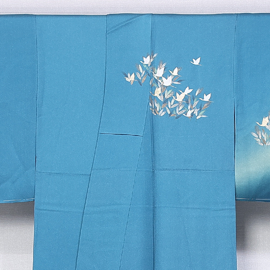 訪問着 袷 身丈153cm 裄丈62cm 正絹 Sランク セミフォーマル 広衿 Sサイズ ぼかし 金箔 刺繍 鶴 華やか 存在感 水色系 RP 1217-11200