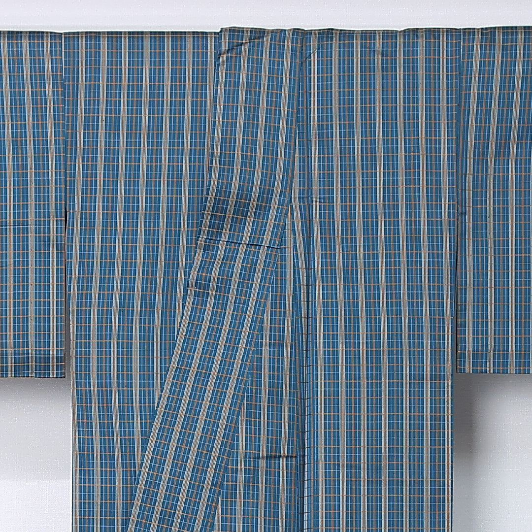 紬 単衣 身丈152cm 裄丈62cm 正絹 Sランク カジュアル 広衿 Sサイズ 格子 青系 RP 1223-12250