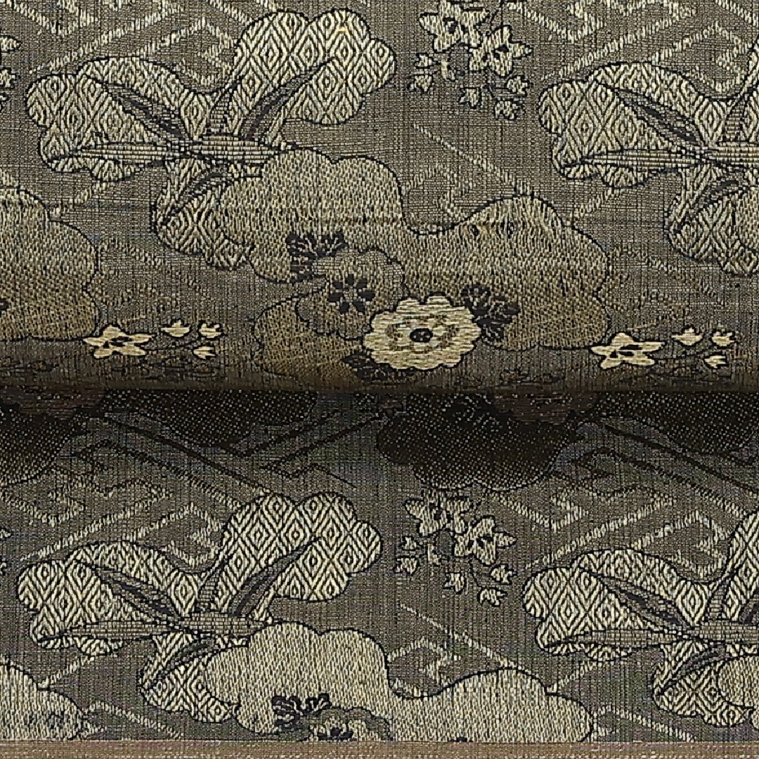 アンティーク 丸帯 帯丈388cm 全通 紗綾形 梅や笹 セミフォーマル 緑系 正絹 Sランク 1223-00901