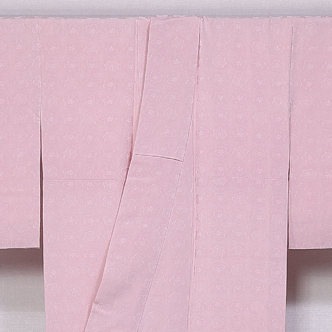 色無地 袷 身丈153cm 裄丈63cm 正絹 Sランク 一つ紋 (中陰五三桐) 紋意匠 (梅) セミフォーマル 広衿 Sサイズ 桔梗 紅葉 ピンク系 M4 1219-11381