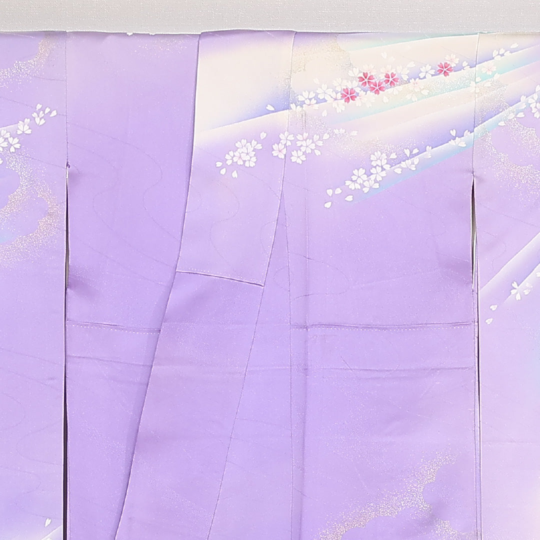 振袖 身丈161cm 裄丈65cm Bランク 正絹 袷 広衿 L しつけ糸 流水 吉祥文様 桜 フォーマル 紫系 1213-F0527