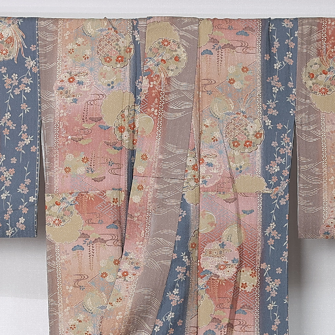 小紋 袷 身丈157cm 裄丈65cm 正絹 Sランク インフォーマル 広衿 Mサイズ 雪輪 花柄 吉祥文様 多色系 RP 1221-12385