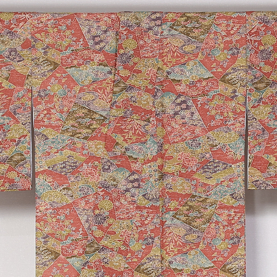 小紋 袷 身丈160cm 裄64cm 正絹 花柄 牡丹 松竹梅 赤系 Sランク 1215-02452