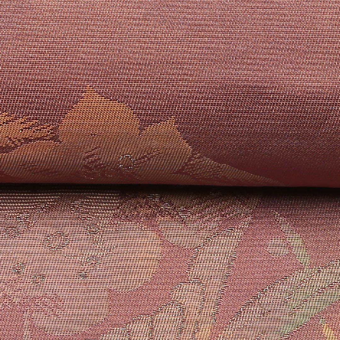 未使用品 袋帯 帯丈420cm 正絹 六通 セミフォーマル 花鳥文 茶系 ピンク系 1243-01235