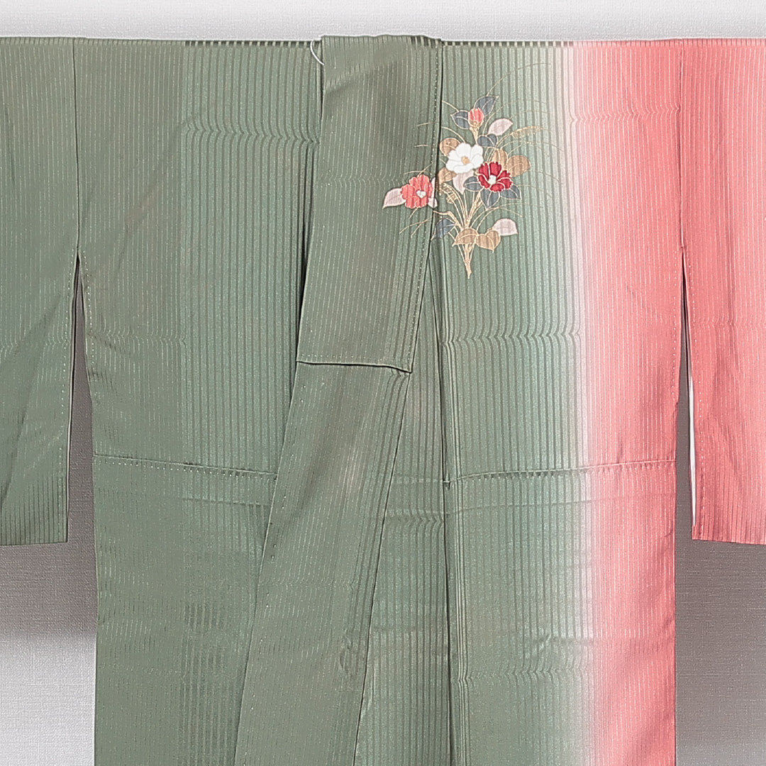 付下げ 袷 身丈160cm 裄丈65cm 正絹 Cランク Lサイズ 広衿 インフォーマル 菊 緑系 ピンク系 1261-14963