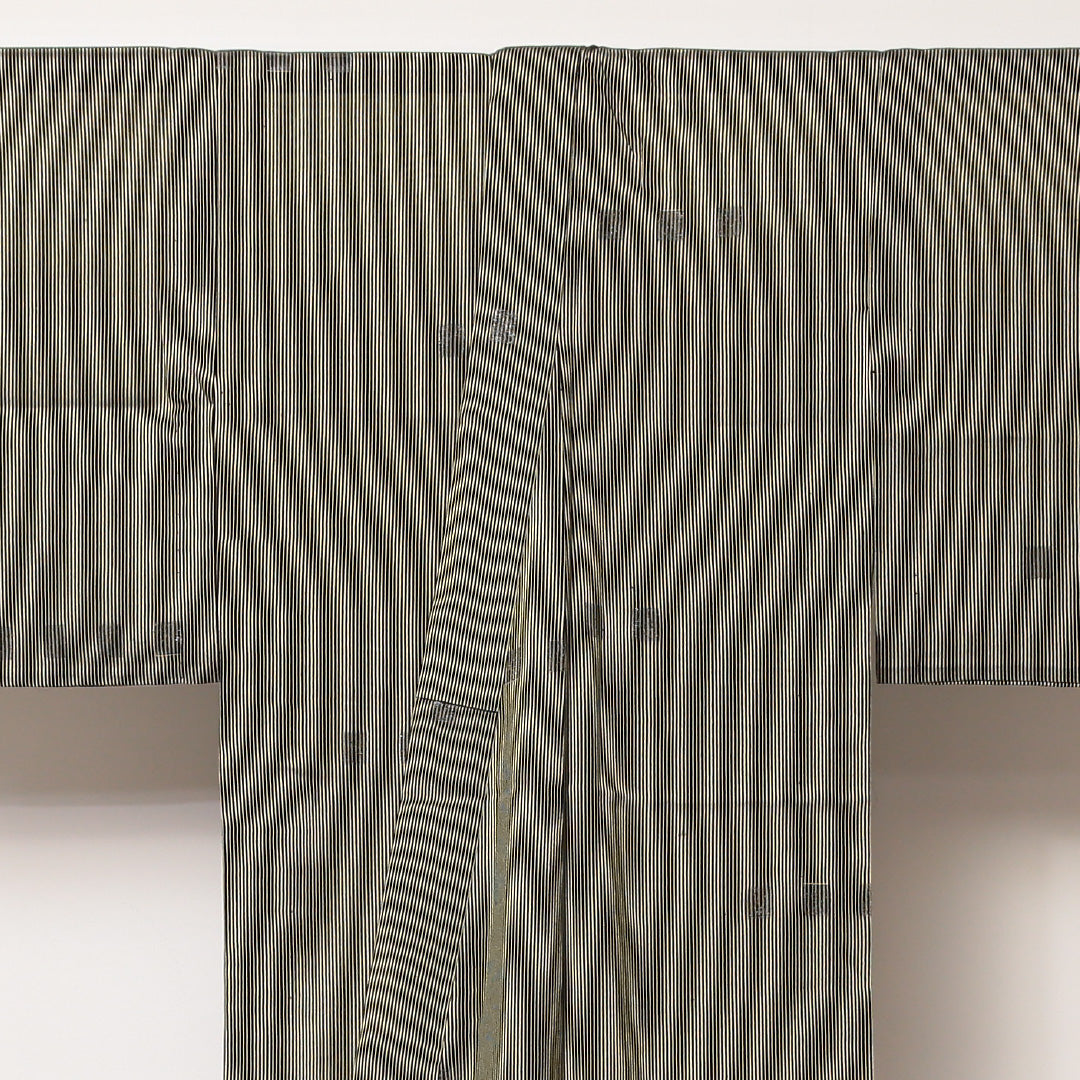 お召 夏物 夏物 身丈146cm 裄丈62cm 正絹 Aランク XSサイズ バチ衿 インフォーマル 縞 緑系 黄系 1265-02175