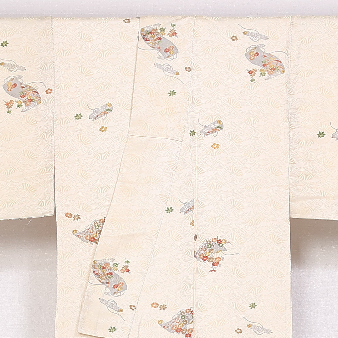 小紋 身丈145cm 裄丈62cm Sランク 袷 正絹 広衿 扇子 巻物 古典柄 1215-10004