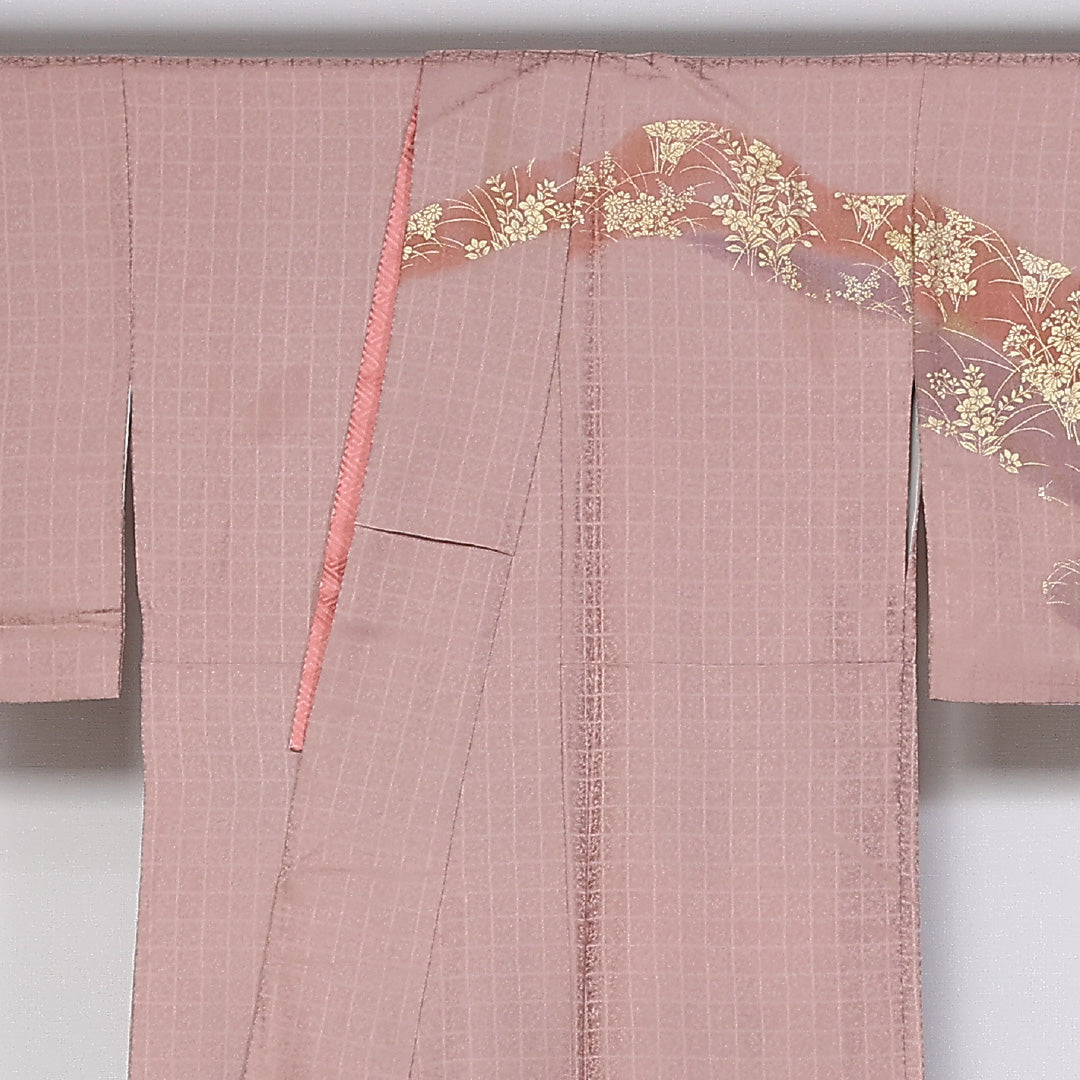 訪問着 袷 身丈161cm 裄丈64cm 正絹 Sランク セミフォーマル 広衿 Lサイズ 金彩 蘇州刺繍 汕頭刺繍 扇 菊 ピンク系 RP 1217-04757