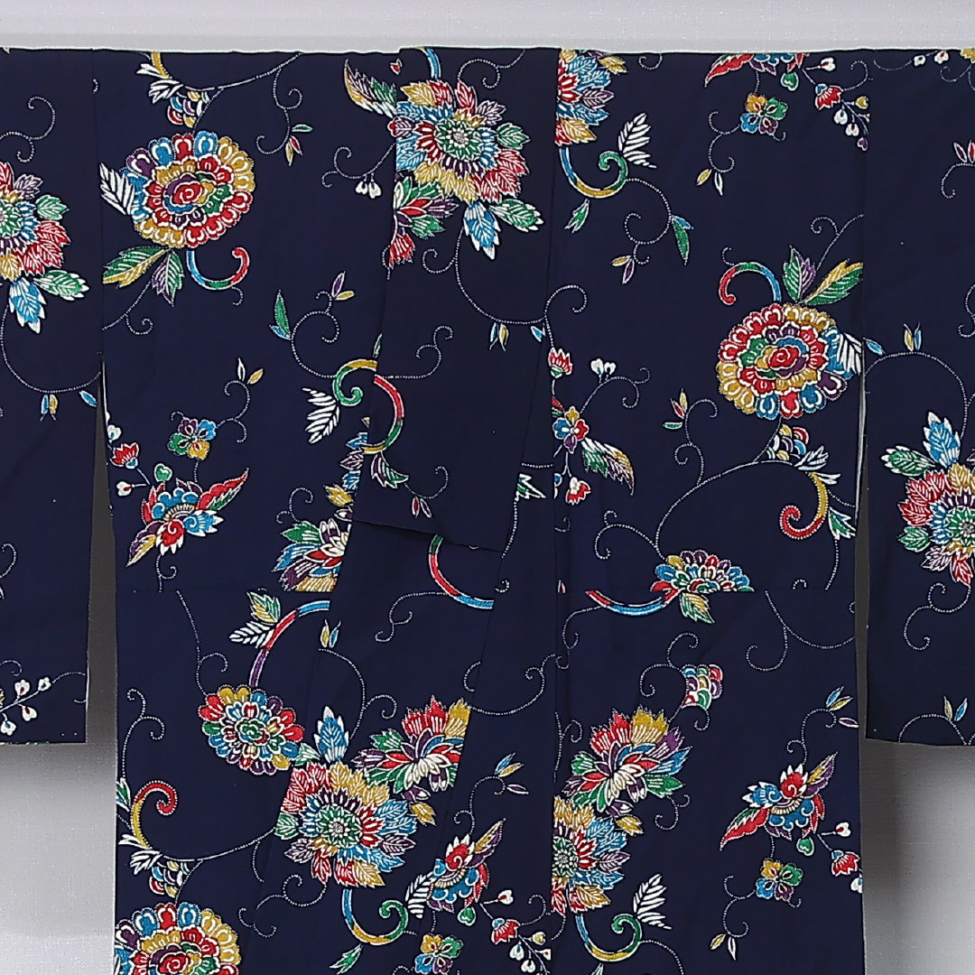 小紋 身丈162cm 裄丈65cm Sランク L 正絹 袷 広衿 菊 牡丹 カジュアル 紺系 1215-12374