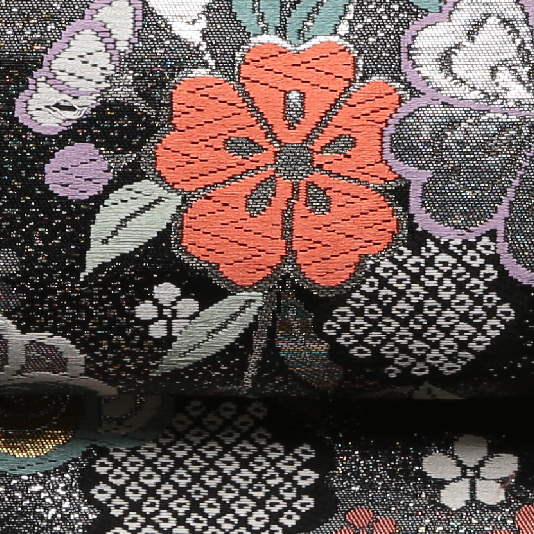 袋帯 帯丈432cm Sランク 六通 正絹 桜 蝶 黒系 蝶 1223-01370