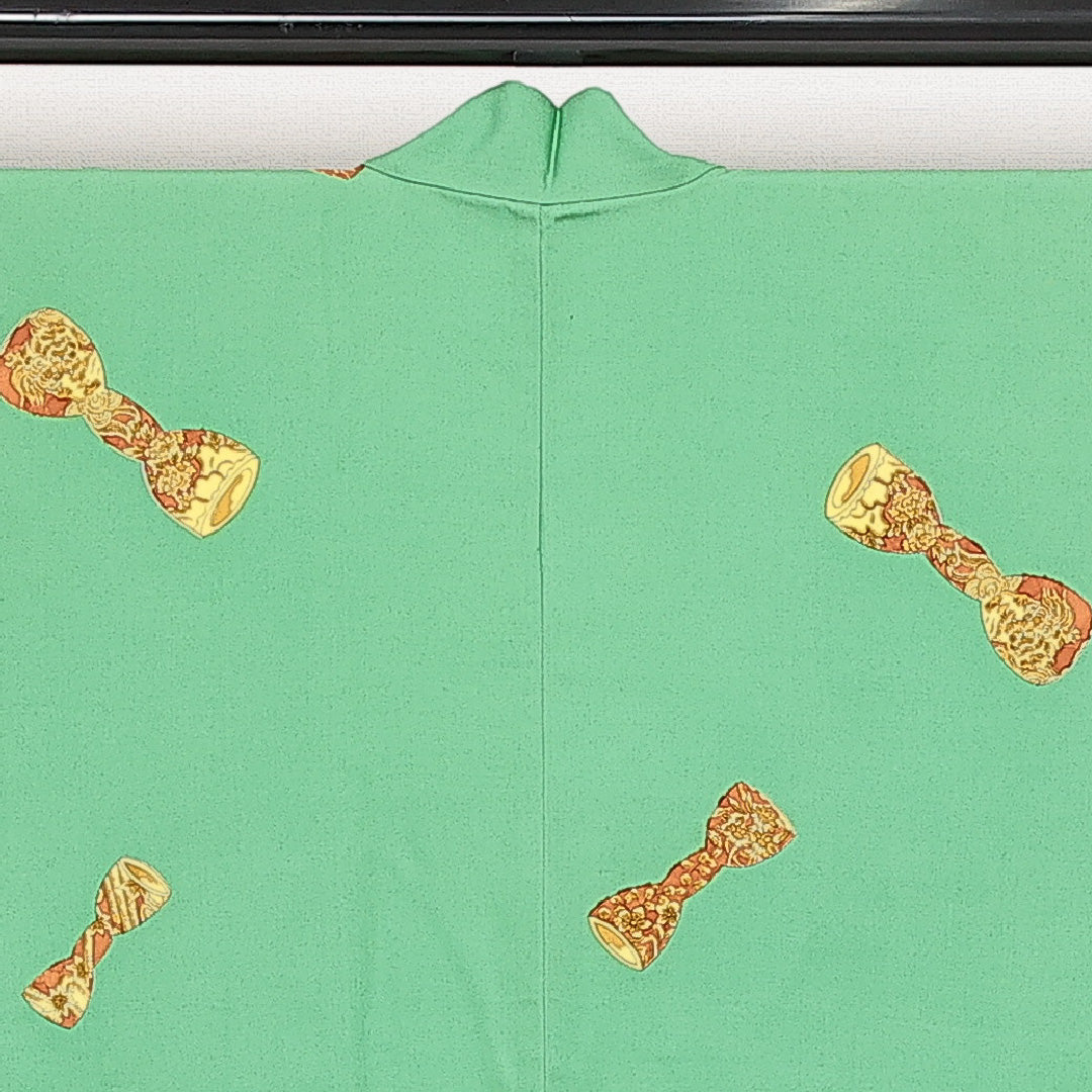 羽織 袷 身丈80cm 裄丈65cm 正絹 Cランク カジュアル Mサイズ 紐あり 梅 緑系 HP 1232-13820