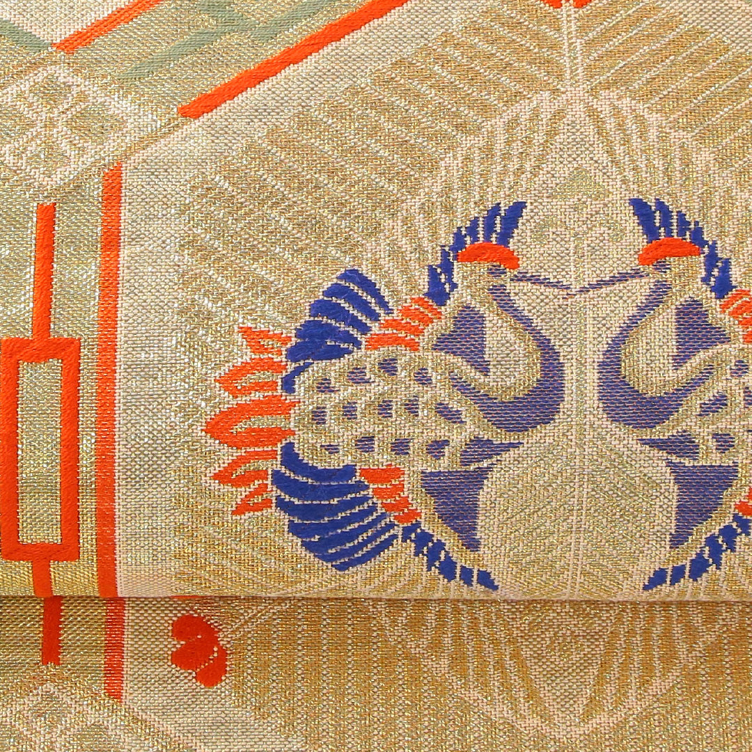 袋帯 帯丈442cm フォーマル 六通 Aランク 正絹 向かい鳥 鶴 金系 1223-02299