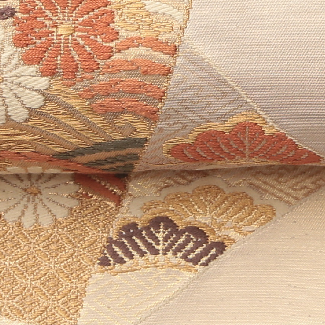 本金二重箔 袋帯 全通 帯丈422cm フォーマル Aランク 正絹 金箔 色紙 宝相華 吉祥文様 ベージュ系 1223-01470