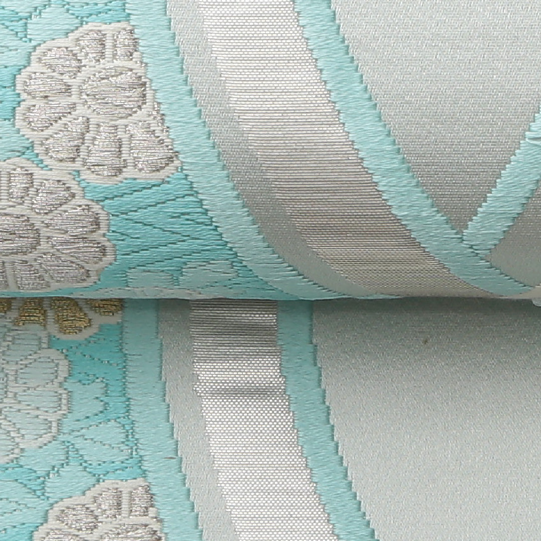 袋帯 六通 帯丈424cm 振袖帯 Aランク 正絹 菊 水色系 1223-01471
