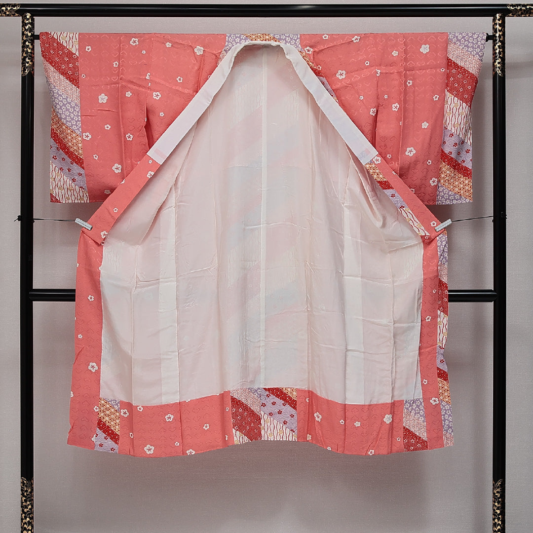 長襦袢 無双袖 身丈129cm 裄丈66cm 正絹 Sランク Lサイズ 吉祥文様 ピンク系 RP 1239-14482