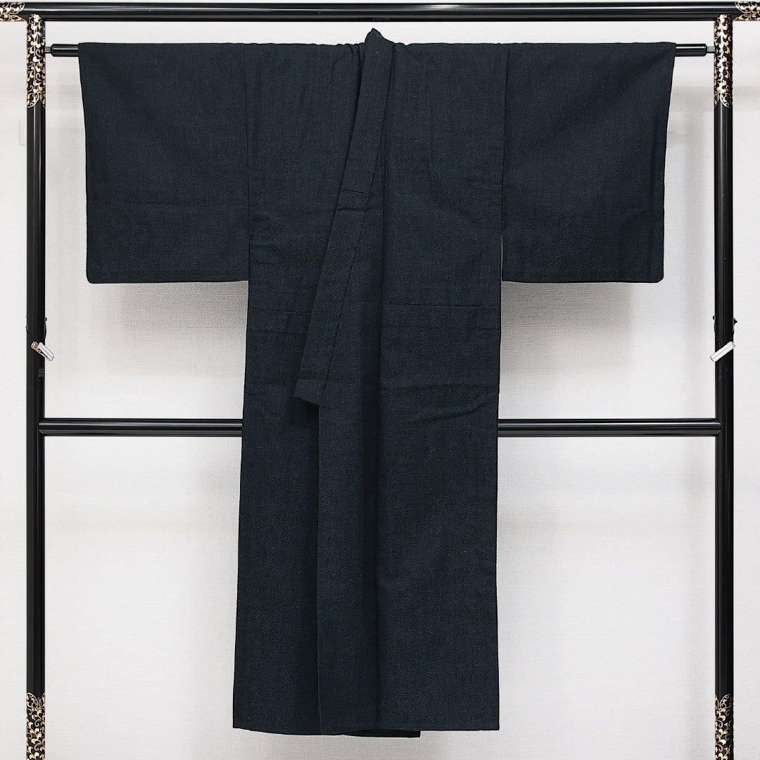 アンサンブル 洗える着物 ウールの男着物 単衣 身丈141cm 裄丈66cm ウール Sランク カジュアル 棒衿 Mサイズ 紐あり 無地 紺系 RP 1224-14427