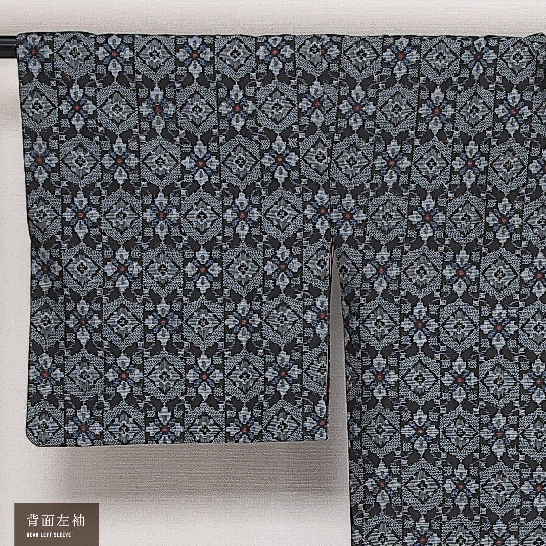 道行コート (大島紬) 袷 身丈84cm 裄丈64cm 正絹 Sランク インフォーマル Mサイズ 経緯絣 ポケットあり 花柄 青系 RP 1237-13802