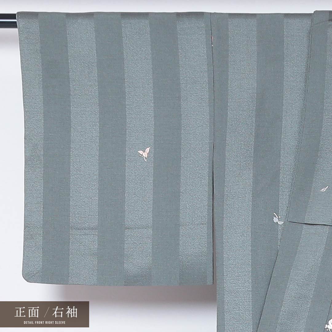 小紋 袷 身丈160cm 裄丈62cm 正絹 Sランク インフォーマル 広衿 Lサイズ 刺繍 縞 花柄 緑系 PO 1221-01813