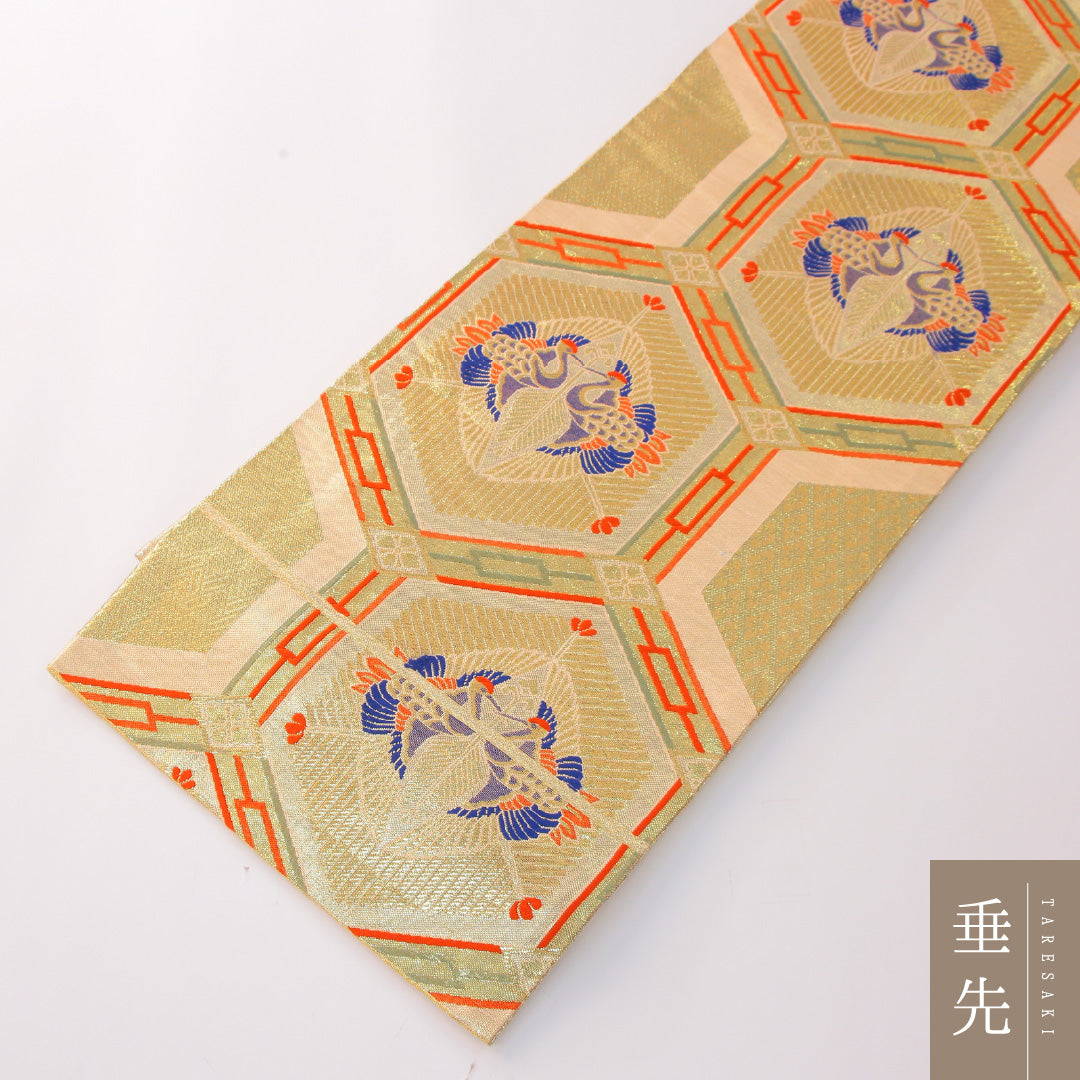 袋帯 帯丈442cm フォーマル 六通 Aランク 正絹 向かい鳥 鶴 金系 1223-02299