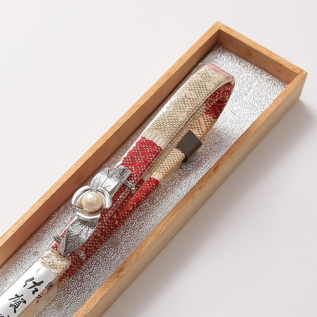新古品 帯締め 礼装用 正絹 Nランク 三分紐 佐賀錦 帯留め 本真珠 朱系 共箱 D 1236-01488