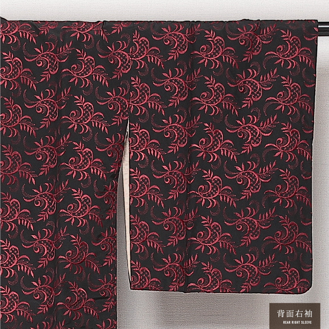 道行コート 袷 身丈90cm 裄丈63cm 正絹 Aランク セミフォーマル Sサイズ 刺繍 ポケットあり 植物柄 黒系 RP 1237-13789