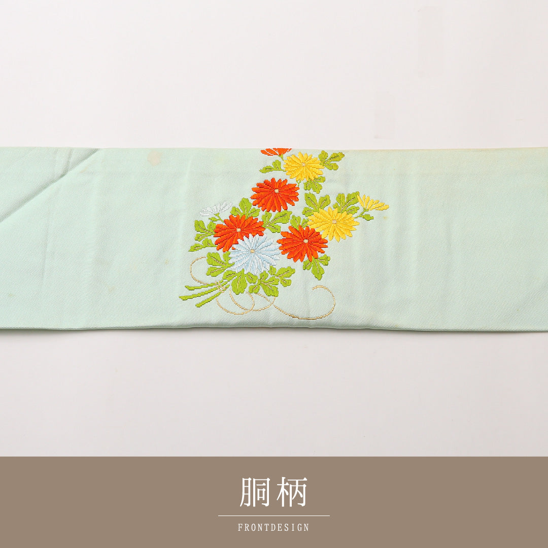 名古屋帯 ポイント柄 帯丈354cm セミフォーマル Cランク 正絹 武田菱 菊 緑系 1224-02439