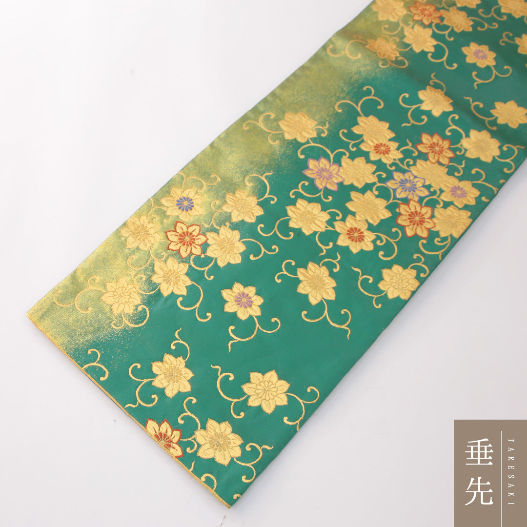 未使用品 袋帯 帯丈440cm 正絹 六通 セミフォーマル 唐草華文 緑系 金系 1243-02309