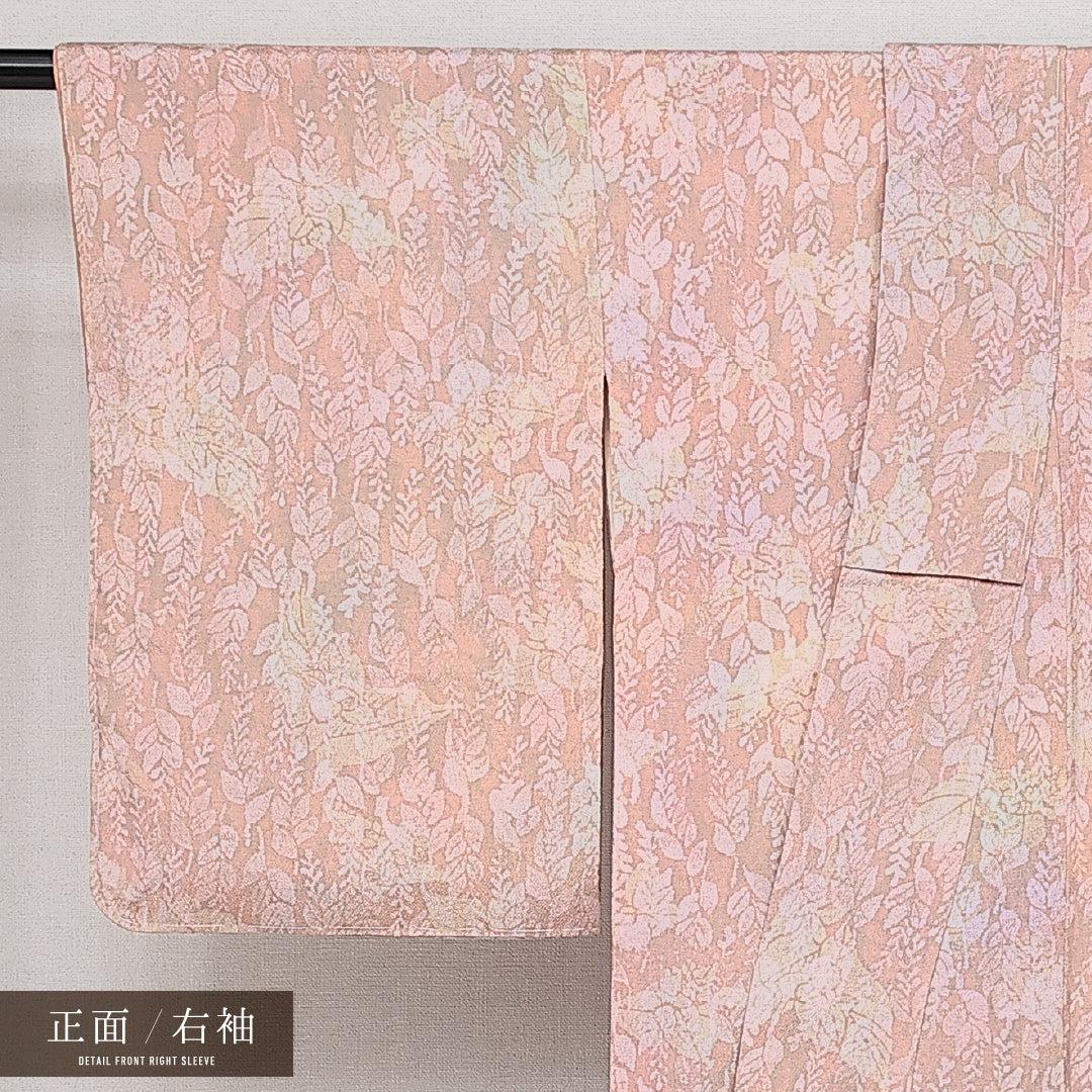 お召 袷 身丈153cm 裄丈62cm 正絹 Aランク インフォーマル 広衿 Sサイズ しつけ糸 花柄 植物柄 ピンク系 RP 1222-14465