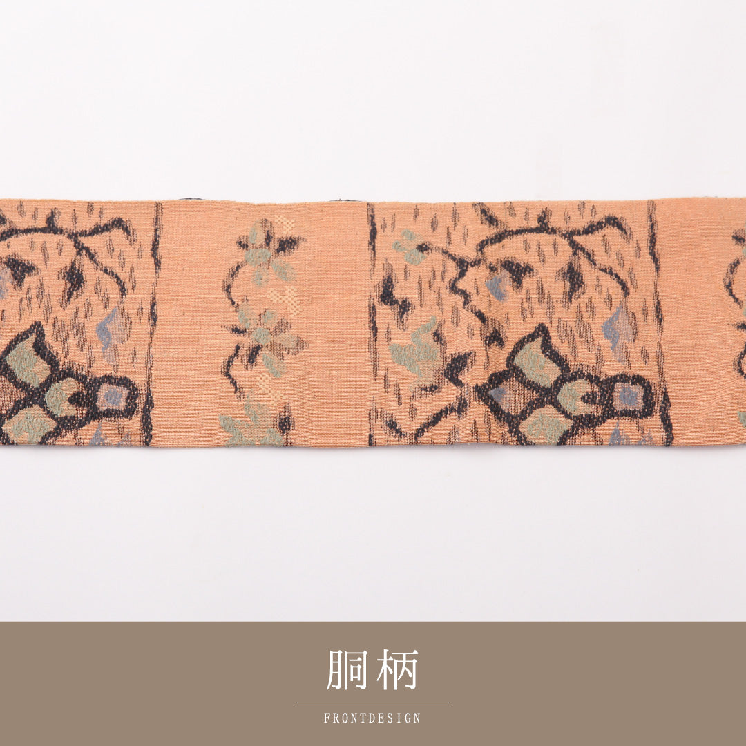 八寸名古屋帯 Sランク 帯丈327cm 正絹 六通 名古屋仕立て 帯芯なし 織り カジュアル 紬 唐草華文 ピンク系 LP 1245-02354