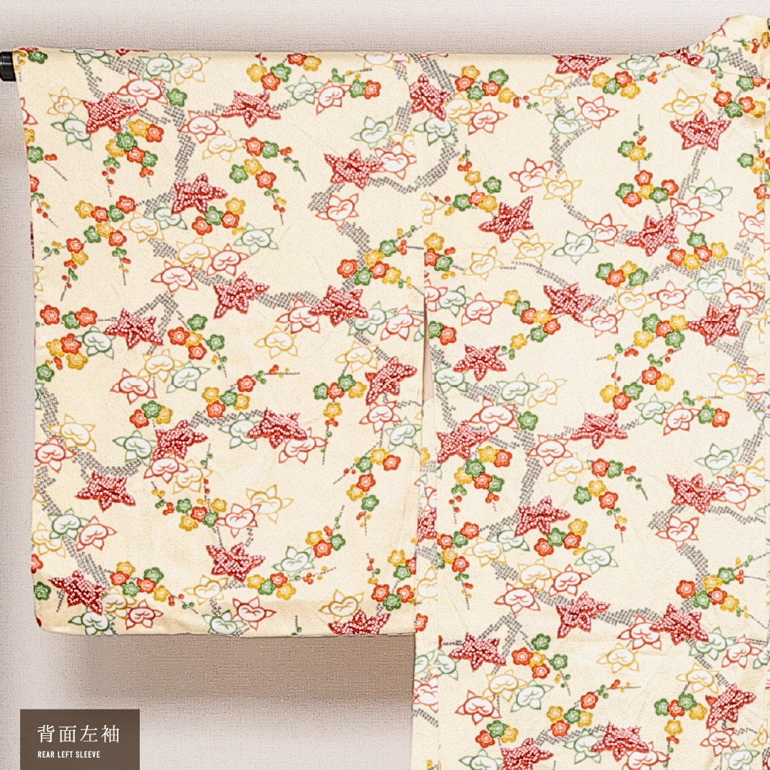 未使用品 羽織 袷 身丈83cm 裄丈64cm 正絹 Sランク カジュアル Mサイズ 紐あり しつけ糸 梅 紅葉 橘 クリーム系 RP 1232-13818