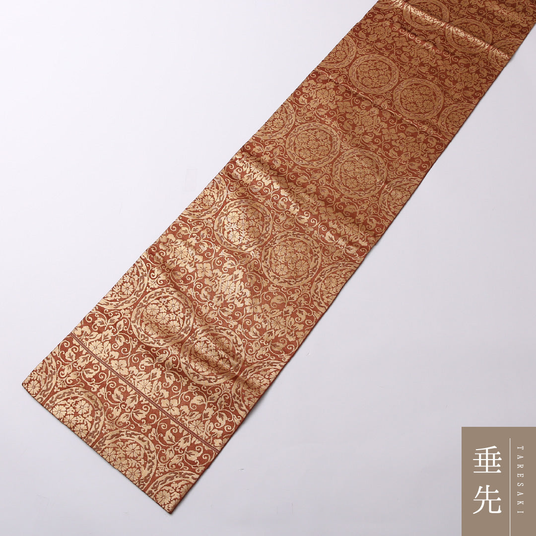 袋帯 帯丈432cm 正絹 六通 セミフォーマル 唐草華文 金系 朱系 1243-01601