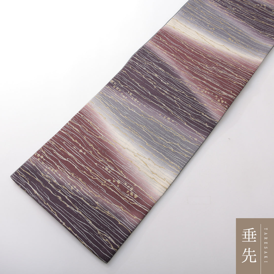 袋帯 帯丈496cm 正絹 全通 染め帯 セミフォーマル 霞 砂子 ガード加工 グレー系 1243-02137