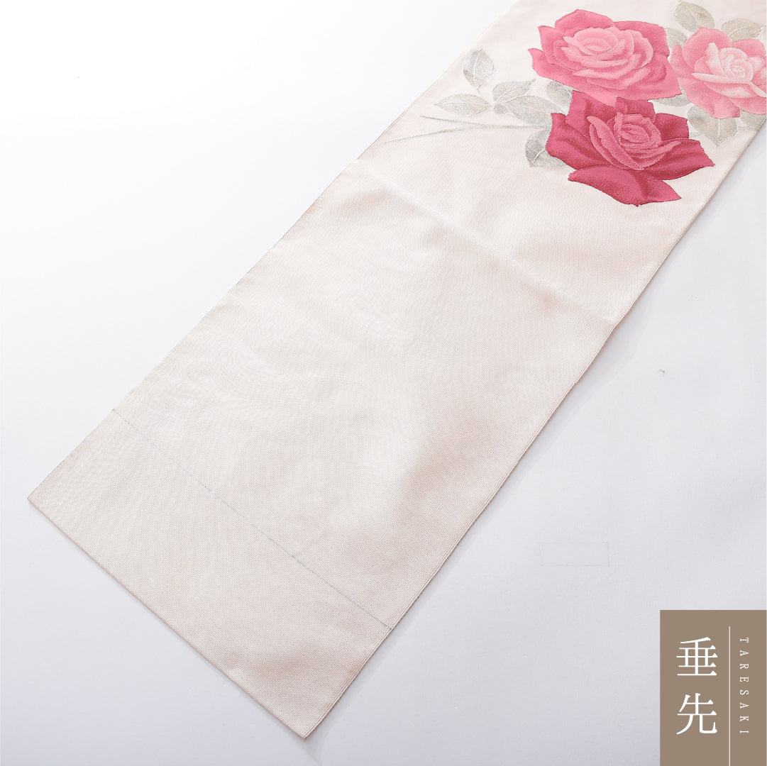 八寸名古屋帯 帯丈355cm インフォーマル 松葉仕立て ポイント柄 Cランク 正絹 綴れ織 薔薇 ピンク系 1224-03940