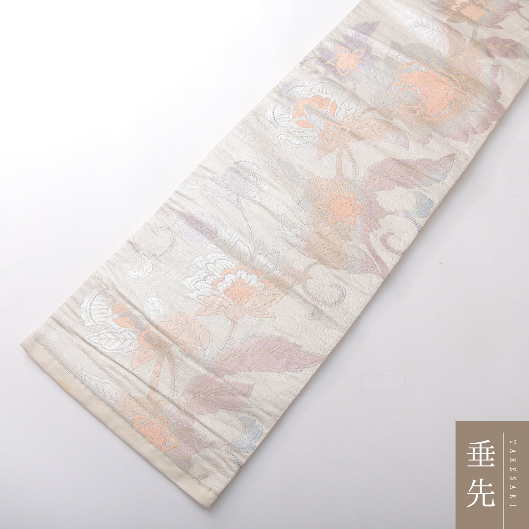 袋帯 帯丈436cm 正絹 六通 セミフォーマル 菊唐草文 クリーム系 1243-02152