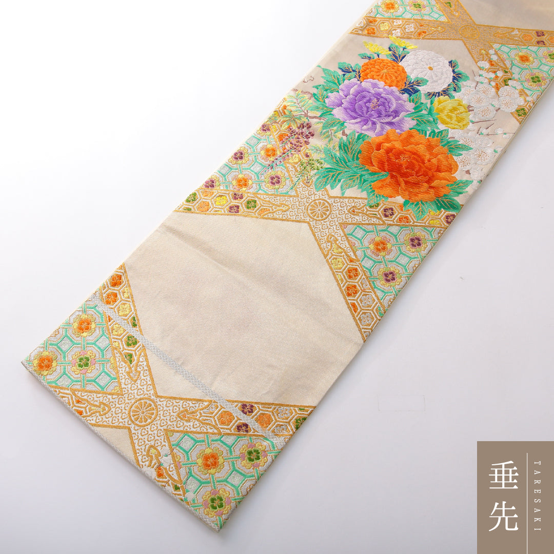 袋帯 帯丈430cm フォーマル 六通 Cランク 正絹 唐織 蜀江 牡丹 クリーム系 1223-02161