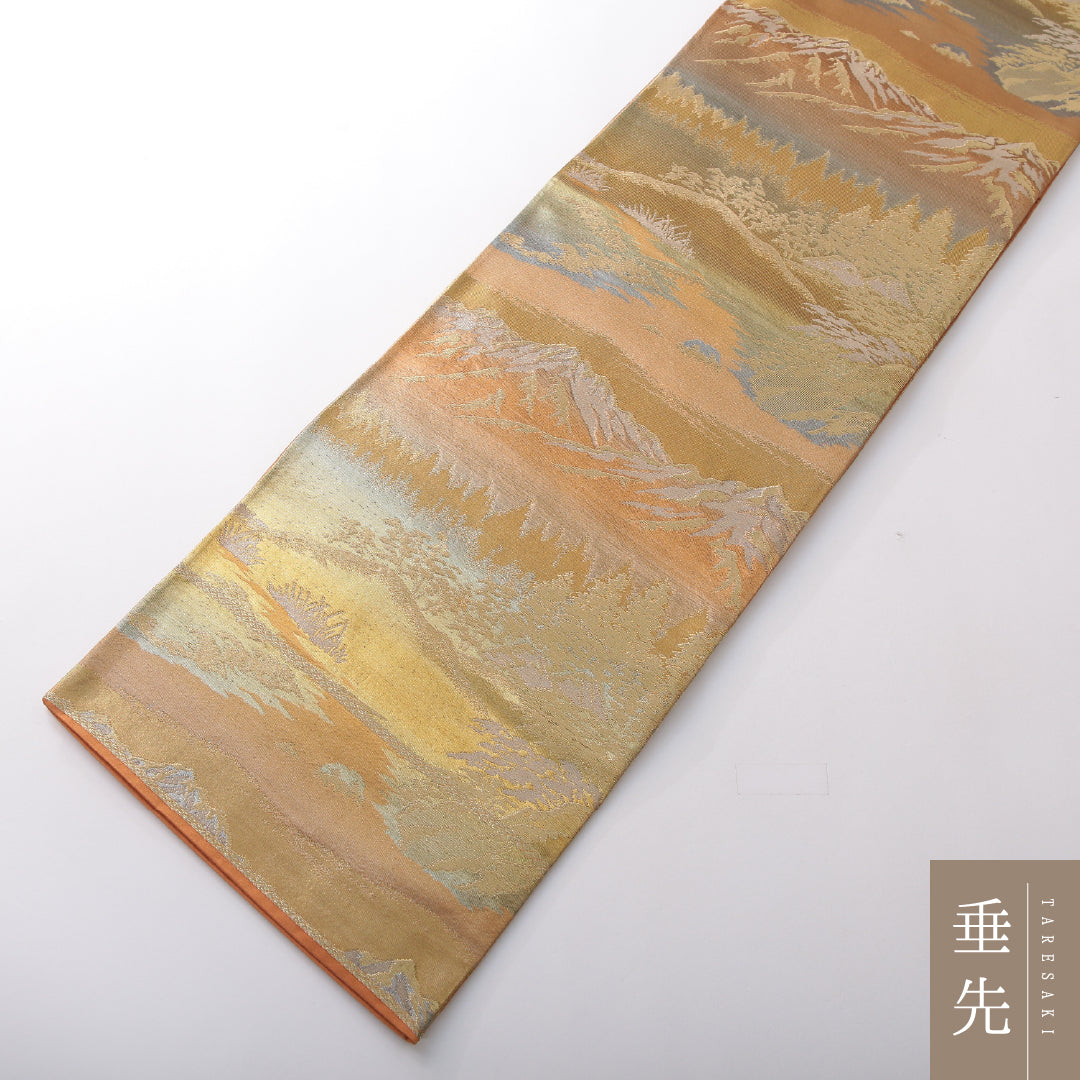 袋帯 帯丈412cm セミフォーマル 六通 Sランク 正絹 山 茶系 1223-02159