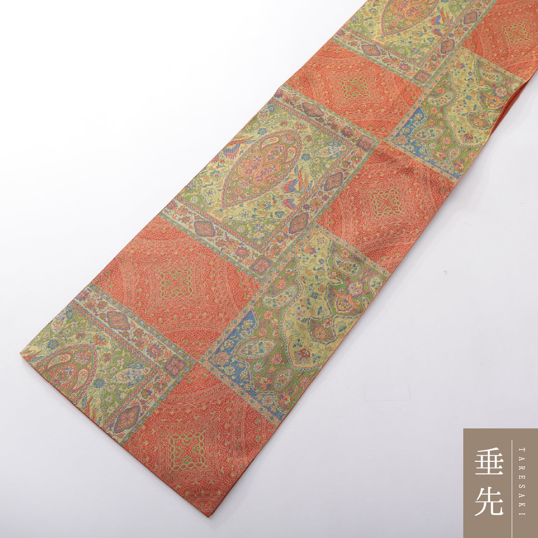 袋帯 帯丈432cm インフォーマル 全通 帯芯なし Aランク 正絹 ペイズリー柄 緑系 朱系 1223-02169