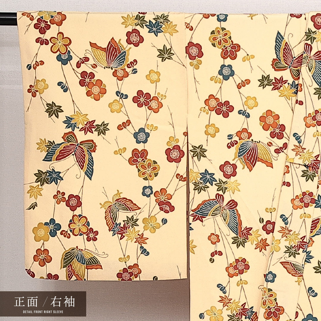 小紋 袷 身丈157cm 裄丈63cm 正絹 Sランク インフォーマル 広衿 Mサイズ 蝶 梅 黄系 RP 1221-14116