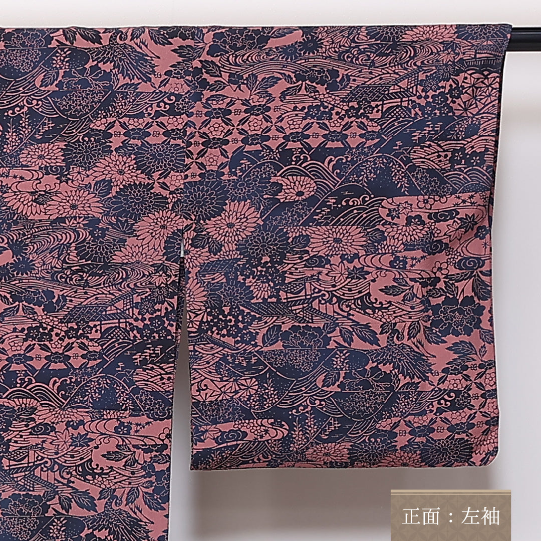 小紋 単衣 身丈160cm 裄65cm 正絹 阿波愛 藍染 作家物 紺系 ピンク系 落款 Aランク 1215-02429