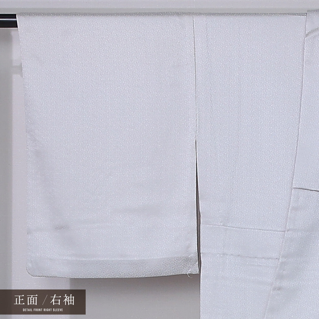 訪問着 身丈159cm 裄丈63cm Bランク M 正絹 単衣 広衿 一つ紋 梅鉢 蘇州刺繍 扇 菊 牡丹 部分絞り フォーマル グレー系 1212-12236